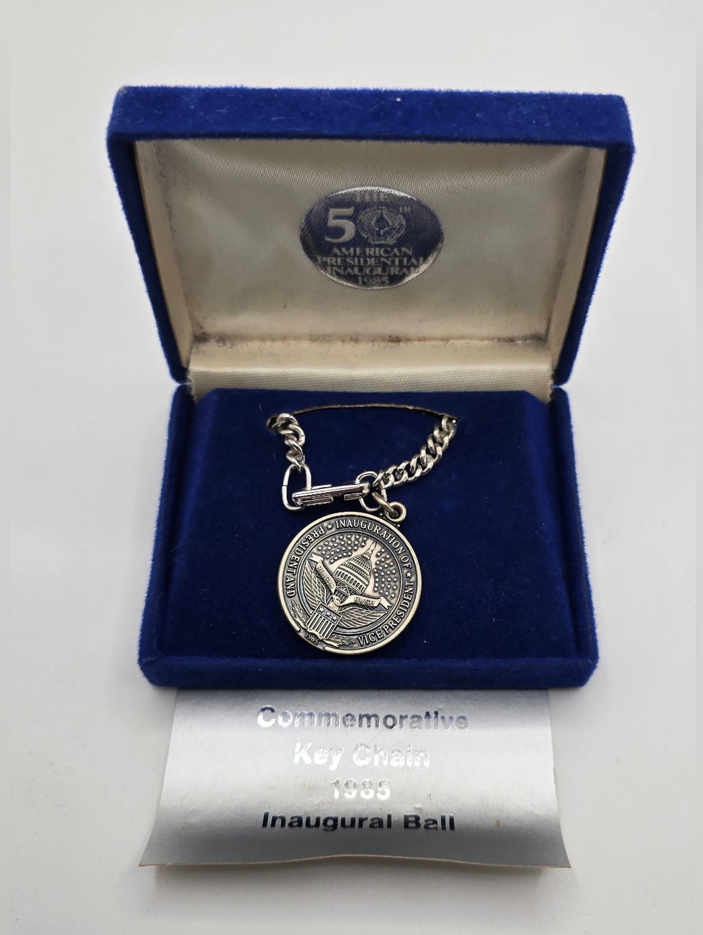 1985 Reagan Bush Inaugural Keychain Coin Silver Tone Vintage Political